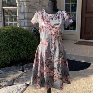 Houndstooth and Metallic‎ Pink Floral Mini Dress